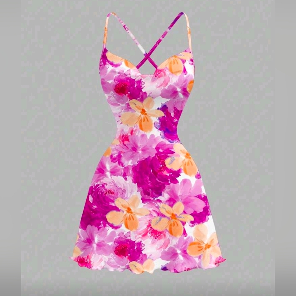MOD Floral Print Draped Neck Spaghetti Strap Short Dress